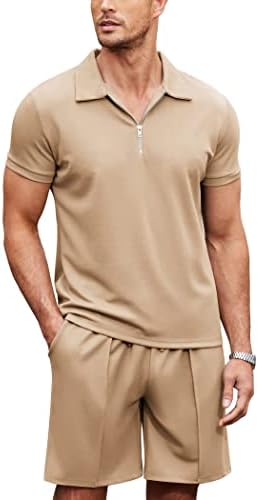 גברים קואופנדי 2 חולצת פולו 2 חלקים ותלבושת קצרה סט רבע רוכסן קיץ אימונית מזדמנים