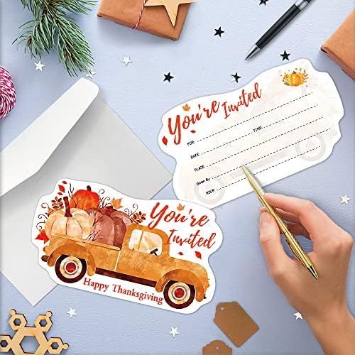 Cusrtyh 15 גיליונות כרטיסי הזמנה למסיבת חג ההודיה עם 15 מעטפות ， משאית סתיו שמחה הזמנות מילוי בצורת