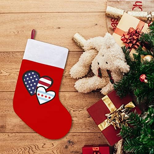 לבבות משתלבים דגל שיקגו דגל אמריקאי גרבי חג המולד אדום קטיפה עם תיק ממתקים לבן קישוטי חג המולד