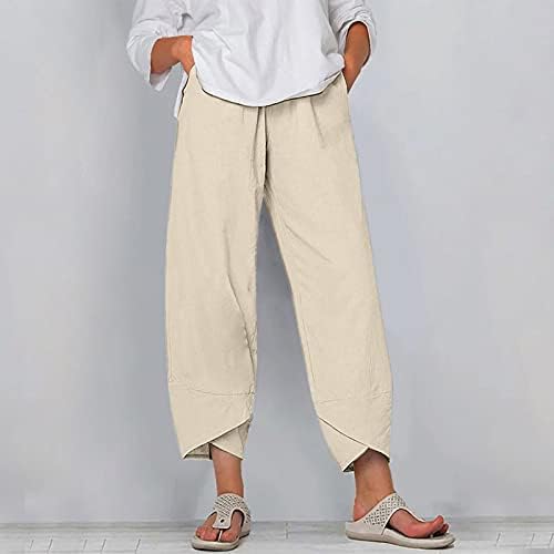 2023 מכנסי פשתן כותנה, קיץ קז'ואל רגל רחב רופף בכושר קפרי אורך קפרי נוח טרקלין חוף קפרי מכנסיים לנשים