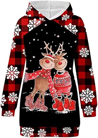 שמלות סוודר עם סוודאות ברדס של נשים טוניקת חג המולד טוניקת סווטשירט אופנה איילים הדפס שמלת קפוצ'ונים