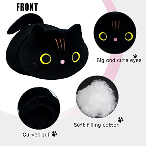 כרית קטיפה של חתול שחור, כרית קטיפה של חתול, קטיפות חיות ממולאות כרית אחורית המותנית, עיניים עגולות חמוד