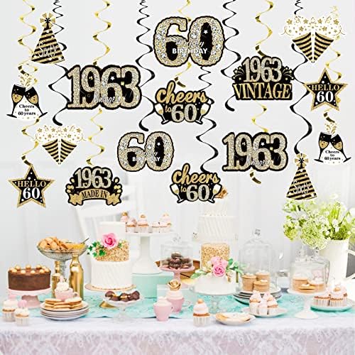 קישוטי יום הולדת 60 מערבולות תלויות לגברים נשים, בציר זהב שחור 1963 יום הולדת 60 שמח נייר כסף מערבולות