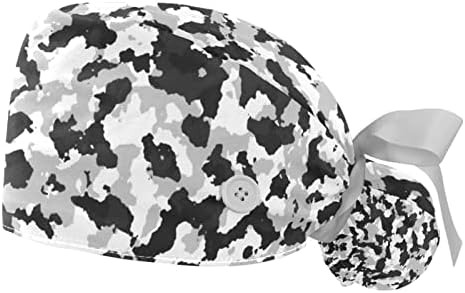 כובעים רפואיים של Ratgdn לנשים עם כפתורים שיער ארוך, כובע עבודה מתכוונן 2 חלקים, הסוואה בשחור לבן