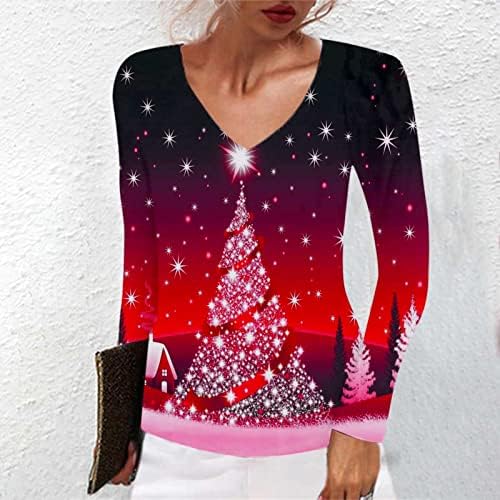 חולצות חג מולד של נוקמופו לנשים אופנה מזדמנת הדפס חג המולד שרוול ארוך שרוול V סוודר מותניים