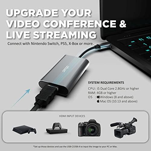 Pengo HDMI ל- USB-C 1080p לכידת וידאו לכידת וידאו, כרטיס לכידת וידאו עם Type-C/USB 3.0 Capture, Livestream/ועידת