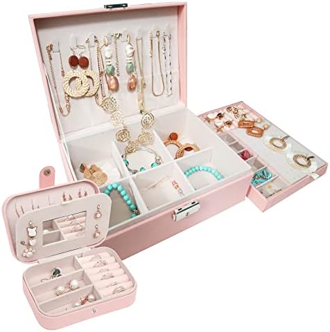 מארגן קופסאות תכשיטים סט לנשים בנות, 2 שכבה תכשיטים מארגן טיולים עגילי עגילי צמידים טבעות מארז אחסון עם תאים