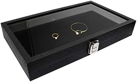 מארז תצוגת תכשיטים מעץ דמוי עור עם משטח זכוכית וכרית קטיפה שחורה, קופסת אחסון לארגון הבית, מגש תכשיטים