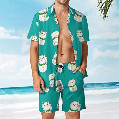 תלבושות חוף יפניות של חתול מזל יפני 2 חלקים חוף כפתור הוואי למטה חולצה עם שרוול קצר וחליפות מכנסיים