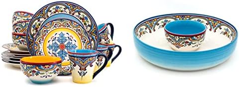 יורו Ceramica Zanzibar קולקציית 16 כלי אוכל מטבח ואוכלים, שירות ל -4, עיצוב פרחים ספרדי, רב צבעוני, כחול וצהוב