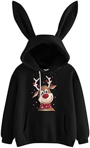 Shusuen נשים חג המולד קפוצ'ונים של אוזניים ארנבות חמודות שרוול ארנב ארנב צמרות סווטשירט מעילים מעילים עם כיס