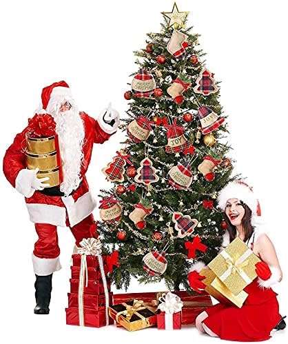 8 חבילה כפרי חג המולד עץ קישוטי יוטה חג המולד תליית קישוט גרב כדור עץ פעמון עם בציר אדום וירוק