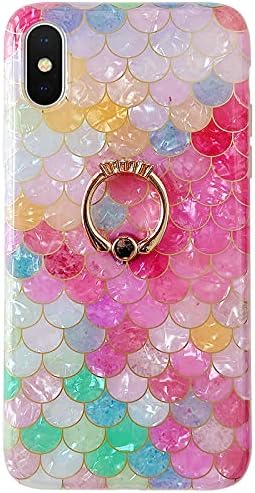 Qokey תואם למארז ה- iPhone XS, iPhone X Case Glitter Glitter חמוד ברור לנשים בנות עם טבעת סיבוב 360