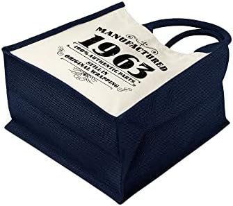 תיק יום הולדת 60 מתנות לנשים-תיקי כתף יוטה כותנה לשימוש חוזר לקניות-מיוצרים 1963 כחול-ים