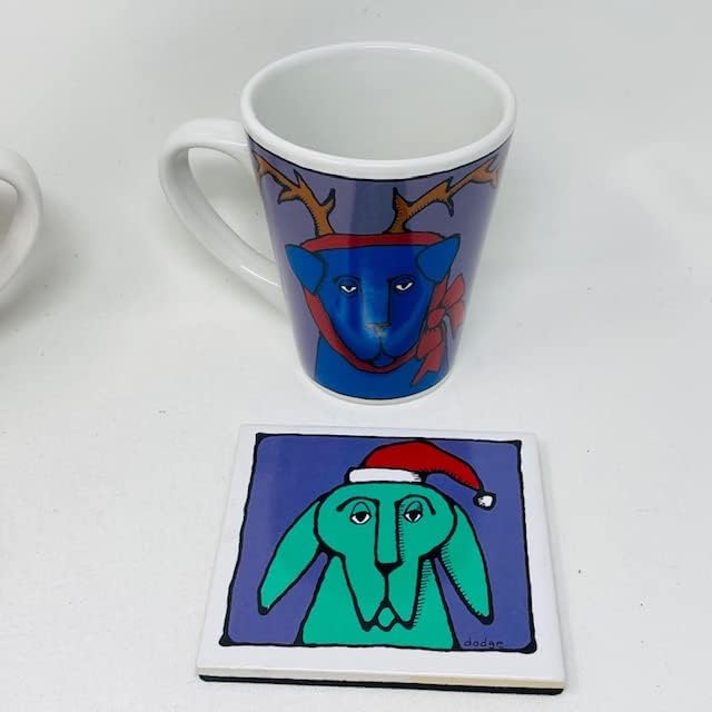 אורסולה דודגג 'תה קפה לאטה ספלי קרמיקה וסט רכבת של שני ספלים כלבי חג המולד אדום כחול ירוק סגול