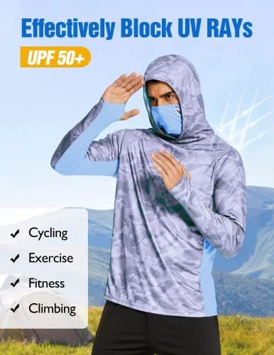 UPF של גברים 50+ חולצת דיג להגנה מפני השמש עם קפוצ'ון קירור מסכה מהיר SPF CAMO CAMO חולצת טיול שרוול ארוך