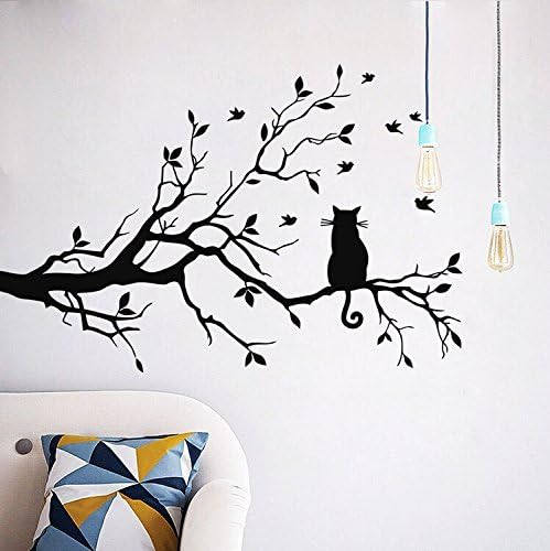 CUGBO חתול על ענף ארוך ענף קיר מדבקות חלון חלון אמנות מדבקת נשלפת DIY ויניל חדרי עיצוב בית, שחור