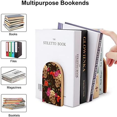 גולגולת ופרחים עץ תומכי ספרים ללא החלקה דקורטיבי ספר מחזיק ספר להפסיק מדפים עבור ספרים כבדים מגזין 1 זוג