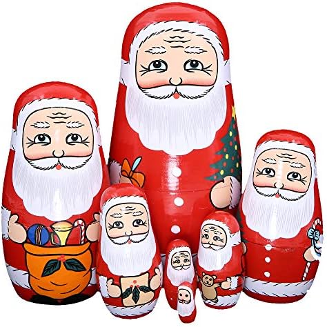 סט אפול של 7 סנטה קלאוס חמוד שמביא מתנות דפוס קינון בובות מעץ בעבודת יד מטריושקה בובה רוסית לילדים