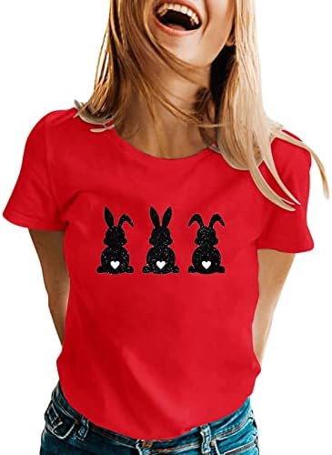 פסחא קצר שרוול טיז לנשים ארנב הדפסת צווארון טי חולצה רופף בכושר בתוספת גודל רך קומפי חג טרנדי חולצה