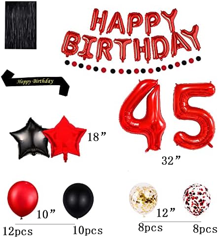 קישוטי מסיבת יום הולדת 45 אדום מספקת נושא אדום 16 אינץ 'כסף אדום יום הולדת שמח בלונים באנר