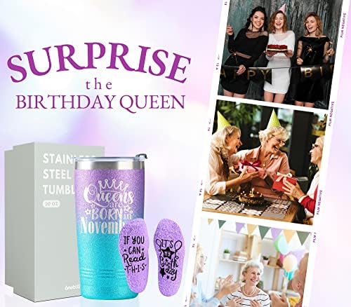 מתנות ליום הולדת OneBttl לנשים, יום הולדת שמח כוסת עבורה, חברות, כוס מבודדת של 20 עוז עם גרביים מצחיקות, סגול