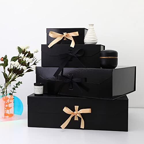 קופסת מתנה שחורה 8x7x3.3 אינץ ', קופסת מתנה יוקרתית עם סרט, קופסת מתנה ריקה עם סגירה מגנטית מכסה, קופסת חתן, קופסאות