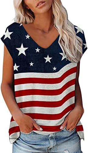 טיז גרפי של נשים, נשים בקיץ חולצה חולצות שרוול קצר דגל אמריקאי מודפס חולצות טרנדי V צוואר צוואר