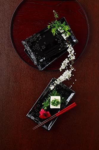 יפן Bargain 4691, סושי יפני סט חרסינה צלחות סושי סט פלטה סט מתנה, פריחת דובדבן בצבע שחור וכסף, 8-5/8x5 אינץ