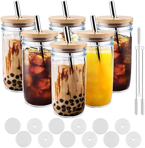 כוסות כוסות זכוכית נטולות 6 חבילות עם מכסי במבוק וקשיות, כוסות קפה אייס 24 אונקיות, כוסות שתייה לשימוש
