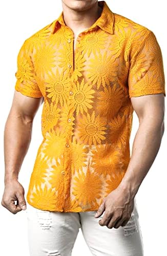 ג ' וגל חולצת תחרה פרחונית לגברים לראות דרך חולצות כפתורים מזדמנים