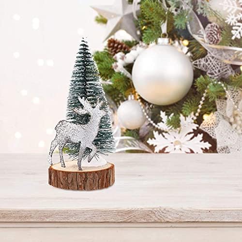 Huangxing - עץ חג המולד מיני עם דמויות צבי עץ אורן מיניאטורי עם פסלי איילים של איילים מעץ קישוטי שולחנות