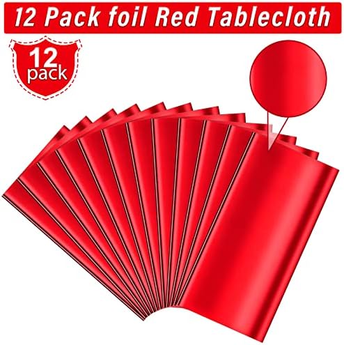 12 חבילה אדום רדיד פלסטיק מפת שולחן, מלבני מבריק שולחן בד מתכתי חד פעמי מסיבת שולחן כיסוי עבור