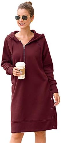 Andongnywell Womens Solid Long Loose Zip Drawstring Hoodie Casual Dress Sweatshirt Long Split Sweater