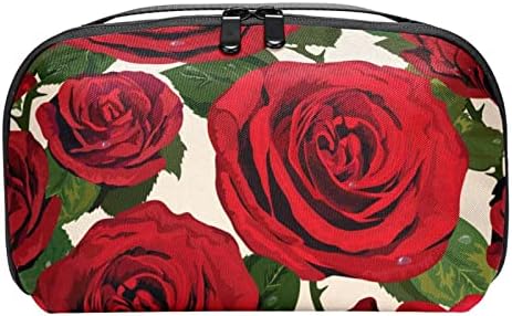 יפה אדום ורדים עם ירוק עלים דפוס איפור תיק עבור ארנק נייד נסיעות ארגונית תיק לרחצה יופי תיק לנשים