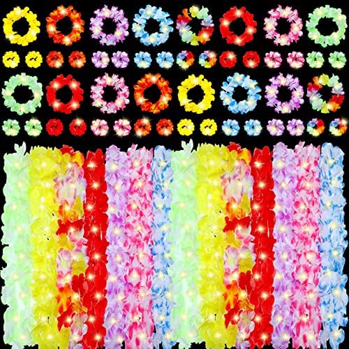 96 יח 'פרח הוואי ליס לייס שרשרת בכיסויי שרשרת וצמידים עם 24 יח' אורות מיתרים LED לחתונה יום הולדת קיץ