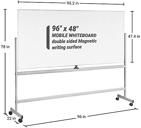 Loberboard Whoateboard נייד 96 x 48, 360 מעלות לוח מחיקה מגנטית כפול -דו צדדית עם מעמד גלגול נייד על גלגלים, לוח
