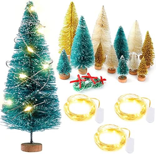 20 יצירות עץ חג המולד מיני מלאכותי עץ חג המולד מיניאטורה עם מיתר בקבוק אור עץ מברשת עץ אורן קטן