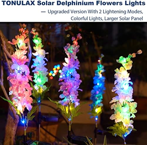 אורות גן סולאריים טונולקס, 4 מארז אורות פרחי דלפיניום סולאריים עם 32 נוריות לד, שני מצבי תאורה ופאנל