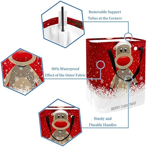 צבי כובע חג מולד שמח עם סל כביסה מתקפל בהדפס פתית שלג, סלי כביסה עמידים למים 60 ליטר אחסון צעצועי