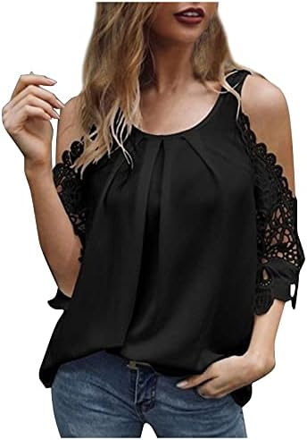 חולצות אלגנטיות של Zefotim לנשים, אופנה בצבע אחיד טוניקה צמרת תחרה מסוגננת שרוול חלול קלע חולצות מסוגננות טיז