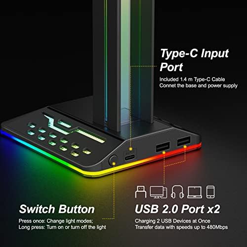 עמדת אוזניות של Innoaora RGB, מחזיק אוזניות משחק עם 2 יציאות טעינה USB, עמדת אוזניות עם 7 מצבי אור ואביזרי שולחן