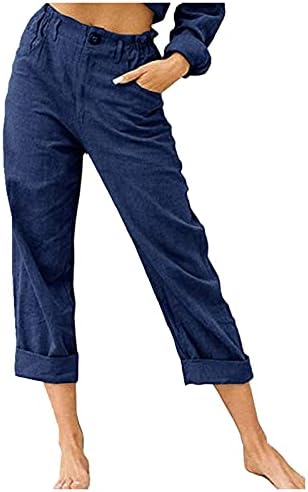 מכנסי פשתן כותנה לנשים ברגל רחבה ישר מכנסי חוף קפרי מזדמנים אימון קיץ מכנסיים קצוצים עם כיסים