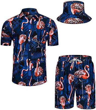 חולצות הוואי של Tunevuse Mens Shirts ומכנסיים קצרים קבעו 2 חתיכות תלבושת טרופית כפתור הדפסת פרחים