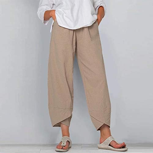 YZHM נשים בצבע אחיד מכנסי פשתן כותנה קיץ נוח נוח מכנסיים קצוצים ברגליים בכיסים טרקלין רופפים מכנסי קפריס