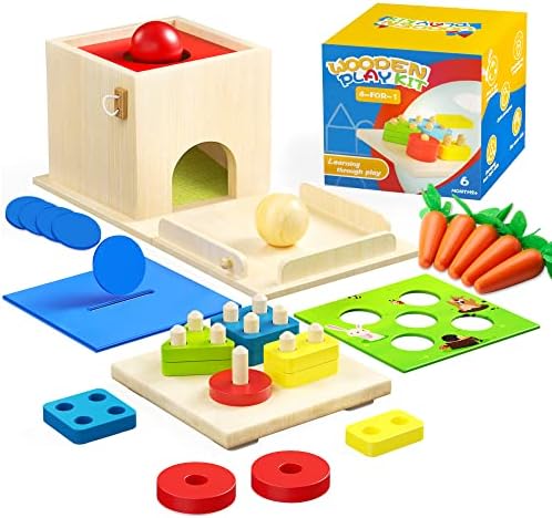 Sueseip 4 עבור צעצועים של מונטסורי לתינוקות 6-12 חודשים, כולל תיבת קביעות מעץ, סדרן צורות, קציר גזר,