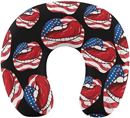דגל אמריקאי שפתיים כרית זיכרון כרית נסיעה בצוואר כרית U מעוצבת לתמיכה בצוואר הראש
