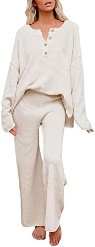 נשים 2 חתיכה סוודר תלבושת סט ארוך שרוול סוודר לסרוג טרקלין סט לסרוג רחב רגל מכנסיים חליפת טרקלינים