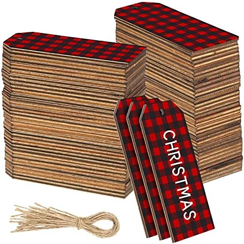 50 חבילה חג המולד עץ מתנה תגים גמור 50 חתיכות טבעי מחרוזות חג המולד אדום שחור משובץ עץ תליית