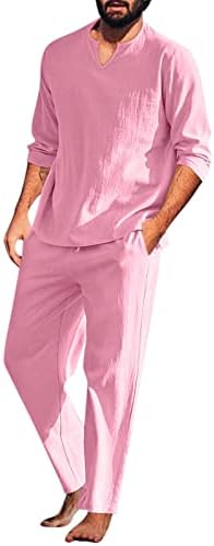 2023 חתיכות גברים חדשים כותנה פשתן סט חולצת הנלי שרוול ארוך ומכנסי חוף מזדמנים חליפת גברים קיץ עם